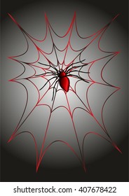 Red spider on web. Vector illustration.