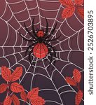 Red spider on a web.Vector illustration with spider, web and red leaves on color background.
