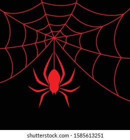 Red Spider and spider web on black background. Vector illustration