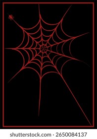 a red spiderweb design, complete with a small spider in the upper left corner, set against a solid black background. A thin red border frames the entire composition.