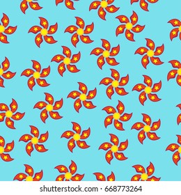 Red spinner with five blades in the form of petals and stars a flat style. Seamless pattern on a blue background. Vector image