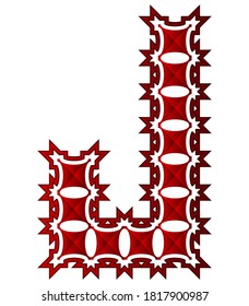 Letra decorativa espinosa roja aislada en fondo blanco. Fuente de arte espinosa.