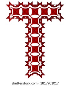 Red spiny decorative letter isolated on white background.Prickly art font.