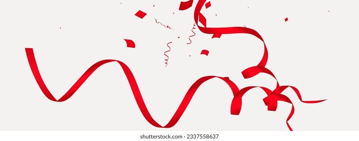 Vector de Aniversario Espiral Rojo Fondo Gris Panorámico. Afiche de Streamer abstracto. Invitación de la fiesta serpentina. Plantilla de caída de cartón.