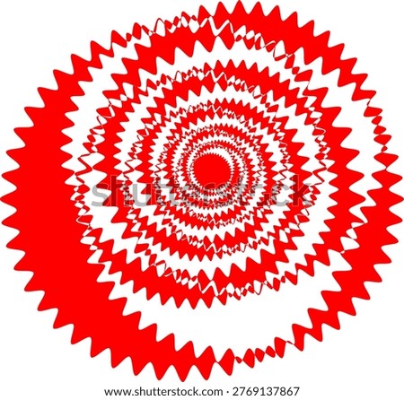 A red spiral design with zigzag edges forms a circular shape on a white background. The pattern draws the eye inward, creating a visual effect. It is simple yet captivating.