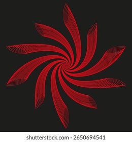 Red spiral icon. Fiery vortex bloom. Energetic swirl Vector. Stark black backdrop.
