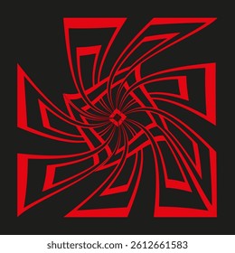 Red spiral illusion. Twisted triangle shape. Dynamic vortex vector. Black background contrast.