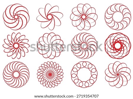 red spiral line circle geometric floral pattern set isolated on white, abstract red circular swirl floral geometric vector design set, minimal red spiral line circle decorative geometric pattern