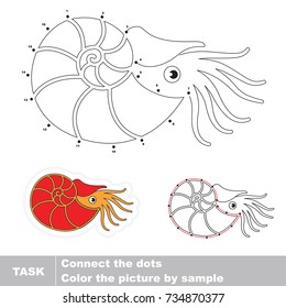 Red Spiral Nautilus. Dot to dot educational game for kids.