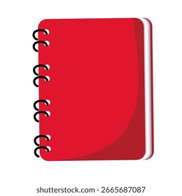 Red spiral notebook with white pages on white background.