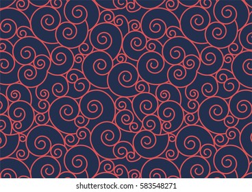 Red Spiral on Blue Vector Background.Oriental Style Swirl seamless repeating pattern.