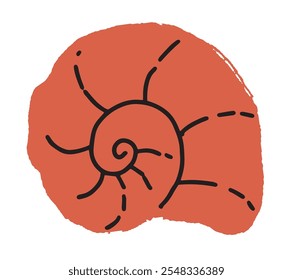 A red spiral shell depicted in a simple vector format, highlighted by minimalistic lines, isolated on a white background. Suitable for educational or decorative sea-themed projects.