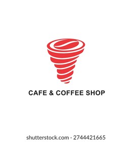 Red spiral vortex shape, stylized bean top view, energetic beverage symbol, modern red cafe shop logo design
