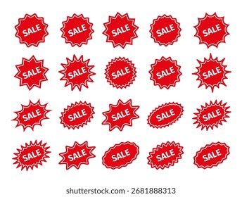 Rote Plash-Badges. Preisaufkleber mit Rabatt. Sternzeichen-Formen. Sale Star Burst Promo-Boxen, Briefmarken. Beschriftungen von Produkten mit Circle-Tags Vektorgrafik.