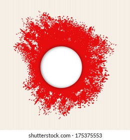 Red splashes of paint on a light striped background.