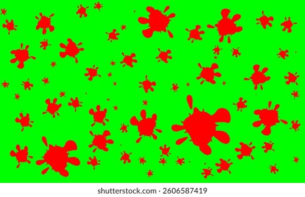 Red splatter shapes spread across a bright green background, creating a dynamic and artistic visual. Ideal for abstract art enthusiasts, unique pattern designs, and colorful creative projects.