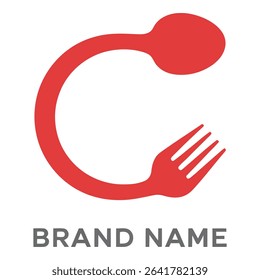 Red spoon and fork form a letter c for a restaurant logo design