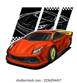 Ilustración de un coche deportivo rojo. Automóvil con tablero a cuadros de carreras y silueta automática lineal. Cartel del vehículo de velocidad.