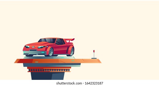 Red sport car on futuristic extendable platform isolated on background. Vector cartoon illustration of supercar standing on top of automatic podium. Fantastic cyberpunk vehicle model