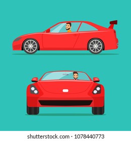 Red sport car two angle set. Car with driver man side view
 and front view. Vector flat style illustration