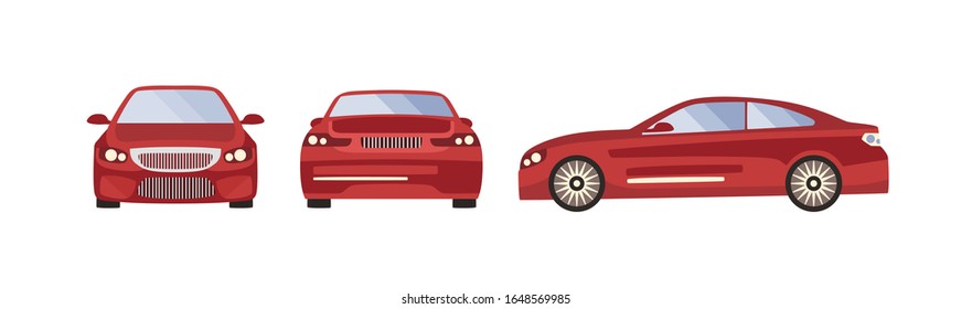 Red sport car vector illustration. Set of three sides view from side, back, front of automobile isolated on white background. Various template of modern luxury motor vehicle