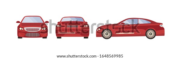 Red sport car\
vector illustration. Set of three sides view from side, back, front\
of automobile isolated on white background. Various template of\
modern luxury motor\
vehicle