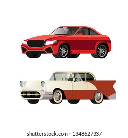 Red sport and retro car. Vector illustration set, flat design. Isolated object on white background.