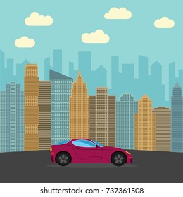 Red sports car in the city. Automobile on a background of skyscrapers on a sunny day. Vector illustration. 
