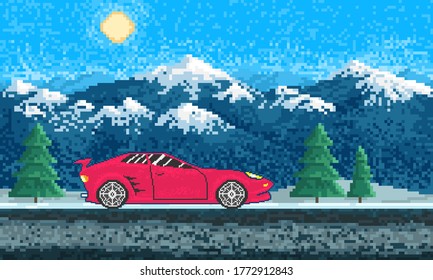 Red sports car and Mountain landscape. Game concept. Pixel art 8 bit objects. Retro digital game assets. Fashion icon. Vintage Computer video background.  svg