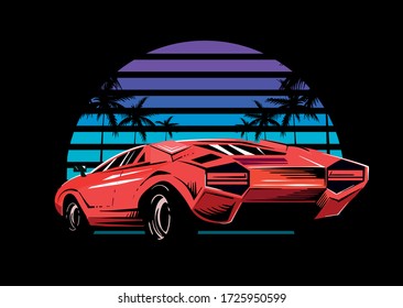 Red Sports Car On The Background Of A Striped Retro Wave Of The Sun. Vector Illustration In The Style Of The 80s.