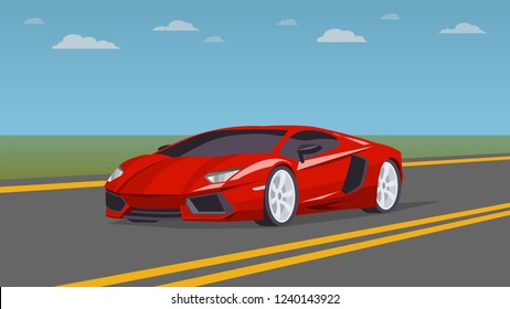 Red sports car on the road. Modern and fast vehicle racing under the blue sky. Super design concept of luxury automobile. Vector illustration