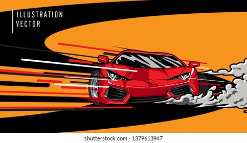 Red sports car on the road. Modern and fast vehicle racing. Super design concept of luxury automobile. Vector illustration