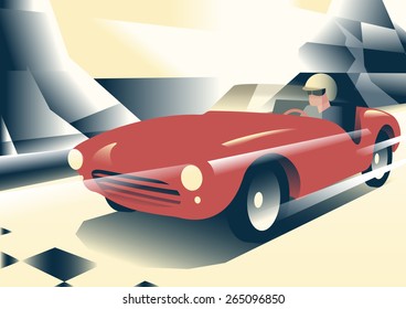 Red sports car riding mountains in the background. Illustration in vintage style posters