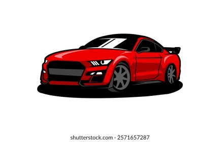 A red sports car with a sleek design and black accents, depicted in a cartoonish style.