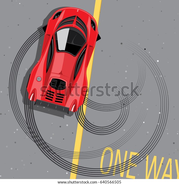 Red sports car top view. Drifting on the\
street. Vector\
illustration
