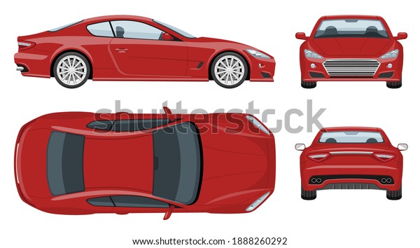 Red sports\
car vector template with simple colors without gradients and\
effects. View from side, front, back, and\
top
