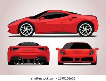 Красный спортивный автомобиль, вид с трех сторон. Феррари 488 GTB.
