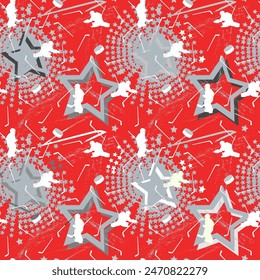 Red sports endless pattern. Dynamic ice hockey background. Hockey goalies, equipment, stars. Vector illustration.