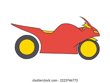 Red sports motorcycle with golden rims. Hand Drawn. Freehand drawing. Doodle. Sketch. Outline.	