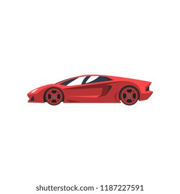 Red sports racing car, supercar, side view vector Illustration on a white background