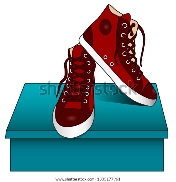Red Sports Shoes On Blue Box Stock 