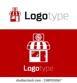 Red Sports shop and basketball ball icon isolated on white background. Sport store. Logo design template element. Vector Illustration