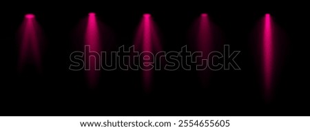 Red spotlight set. Multiple focused beams, ceiling-mounted lighting, bright white glow, stage illumination, modern lighting design, minimalistic decor, professional setup