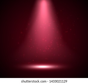 Red spotlight with shiny light and particles. Vector festive illuminated glow backdrop design of spot light and stage.