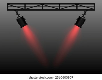 Red Spotlight. Two black stage lights mounted on a truss, casting bright beams, theatrical lighting effect, performance scene, illumination, event setup, focused light projection, wallpaper