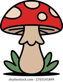 Red spotted fly agaric mushroom illustration growing in small green leaves with mushroom