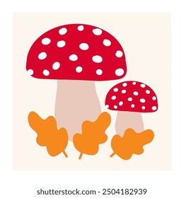 Red spotted mushrooms surrounded by autumn leaves in a warm, cozy environment