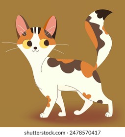 Red spotted Tricolor Cat painted in a Cartoon style. Red brown white Wool color. Cute and adorable walking cat. Vector element for design animal food, zoo magazine or print and web site element.