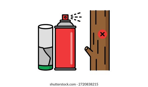 O spray vermelho pode pulverizar tinta em um tronco de árvore marcado com uma cruz vermelha simbolizando vandalismo e danos ambientais.