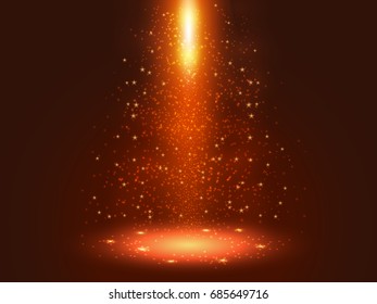 Red spray of light.Abstract bright golden shimmer glowing particles.Scatter shining star dust light explosion effect. Burning sparks wallpaper. Vector background for holidays and party